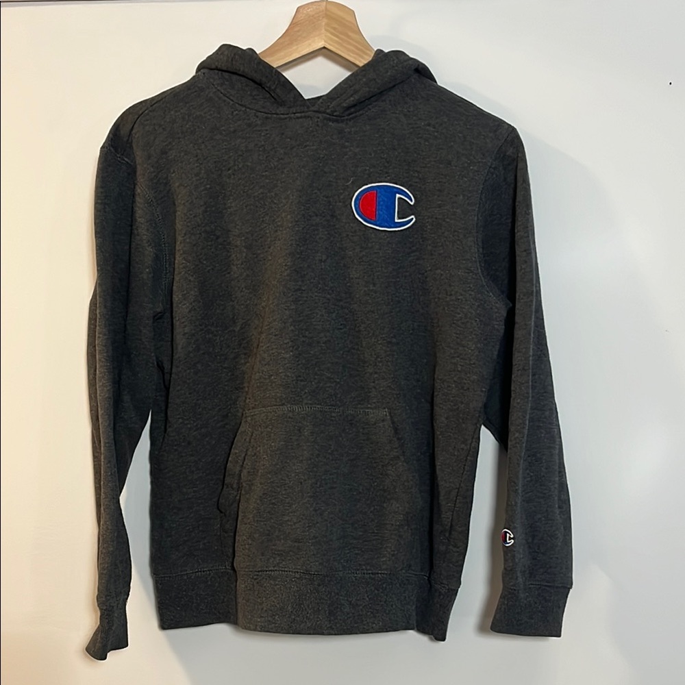 Champion Kids Dark Gray Hoodie with Blue and Red Embroidered Champion Logo
